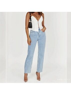 Meshki high waisted light wash raw hem buttonfly straight leg jeans